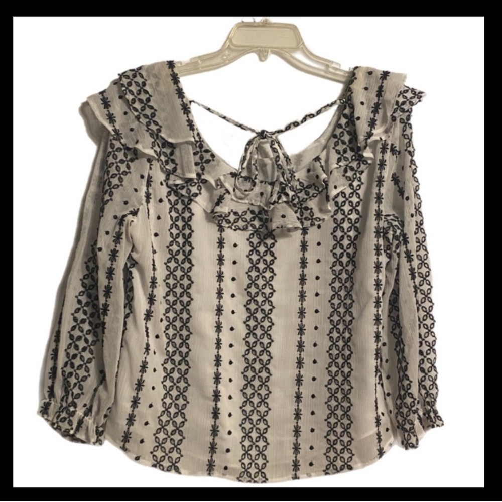Cato Cotton Cottage Blouse Ruffle Tie Neck Long Sleeve Size L